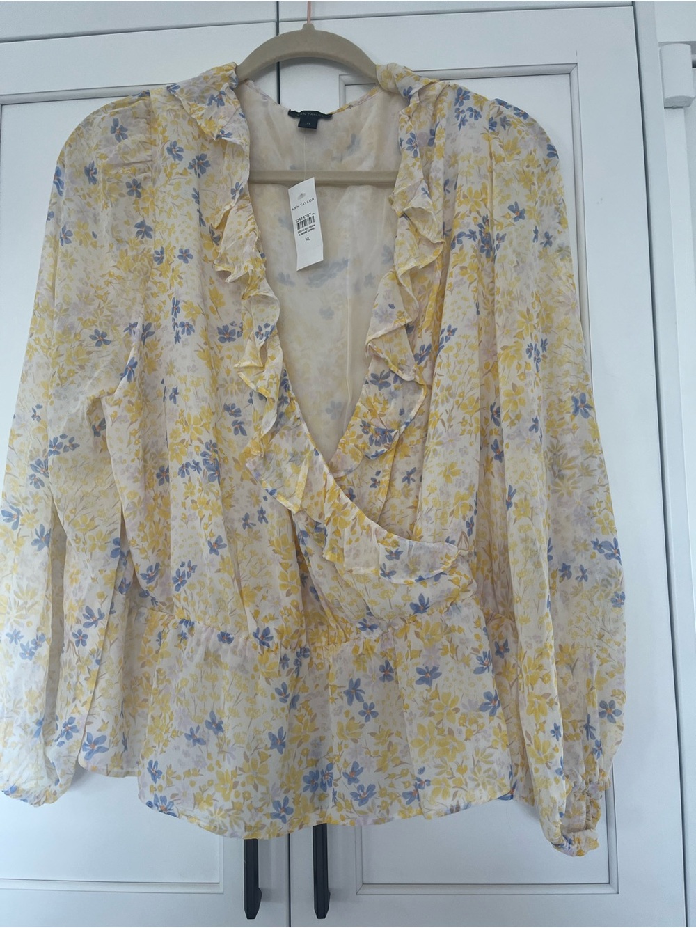 Ann Taylor Yellow and Blue Floral Ruffle Wrap Blouse